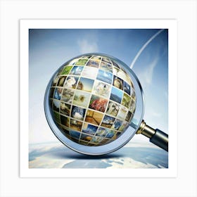 A magnifying glass with a globe made of images inside. Art Print