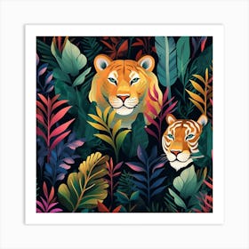 Seamless Pattern With Tigers And Leaves Art Print