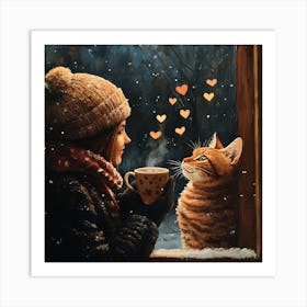 Cat and Person Sharing Hot Cocoa Artwork 9 Art Print