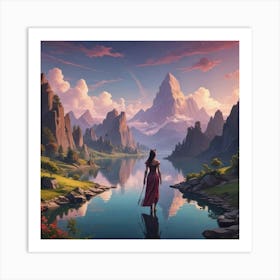 Woman In Red Standing By A Lake Art Print