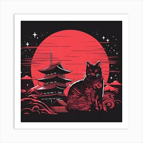 Cat In Front Of Pagoda Art Print