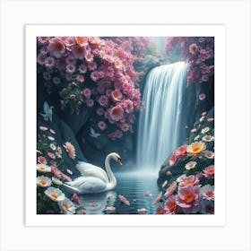 Swan In A Waterfall 1 Art Print