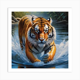 National Geographic Realistic Illustration Tigrer With Stunning Scene In Water Art Print