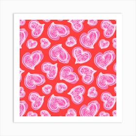 SCRIBBLE HEARTS Lovecore Valentines Kitsch Love in Fuchsia Hot Pink on Red Art Print
