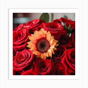 Red Roses With Sunflower Art Print