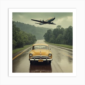 Airplane Flying Over A Yellow Car Art Print