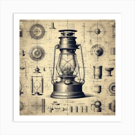 Vintage Lantern With Blueprints Art Print