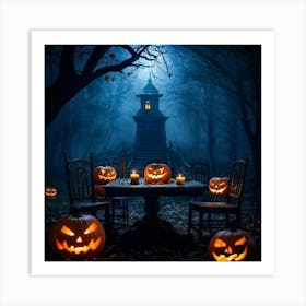 Celebration Old Horror Holiday Tree Moonlight Lantern Mist Head Table Eye Glow Pumpkin (24) Art Print