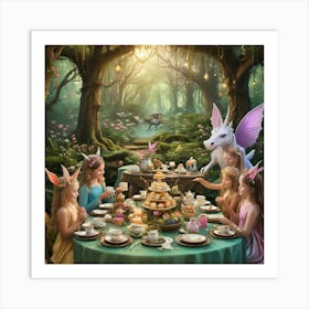 Create A Whimsical Tea Party Attended By Mythical Creatures Like Fairies Dragons And Unicorns In An Art Print