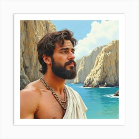 A Watercolor Image Of A Greek Man With A Rugged Appearance, Set Against Dramatic Cliffs 1 Art Print