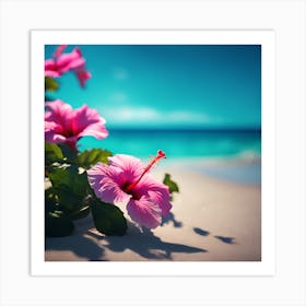 Pink Hibiscus Flowers on the Summer Beach Art Print