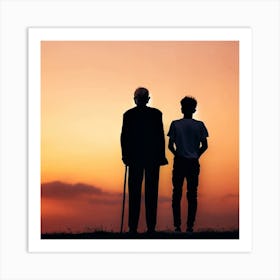 Silhouette Of Father And Son At Sunset Art Print