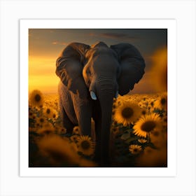 Elephant In Sunflower Field Art Print