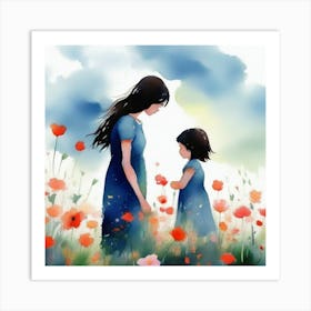 Mother And Daughter In The Field Art Print