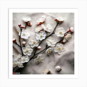 Firefly Plum Blossoms Scattered Across A Soft Linen Textured Canvas, With Simple Branches In Matte B (6) 1 Art Print