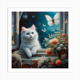 White Cat In The Window Art Print