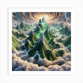 3 Dimensional Mountains With Multiple Green Lightning And White Swirls In A Vortex Of Clouds 4 Art Print