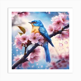 Blue Bird and Cherry Blossom in Spring Rain Art Print