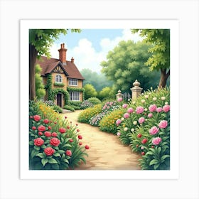 A Picturesque English Garden In Full Bloom, Watercolor Style Art Print