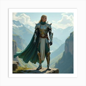 Elegant Elven Warrior In Shining Armor, Standing On A Cliff Overlooking A Valley 1 Art Print