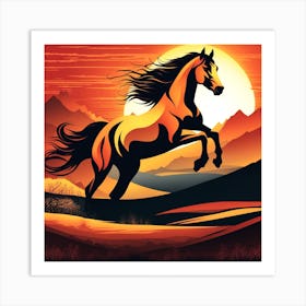 Vivid Orange Color Portrait Illustration Of A Wild Mustang At Sunrise Near A Mountain Lake Art Print