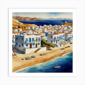 Aegean Village.Summer on a Greek island. Sea. Sand beach. White houses. Blue roofs. The beauty of the place. Watercolor. 3 Art Print