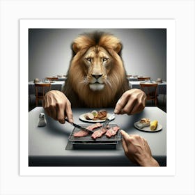 The lion eats steak on a table Art Print