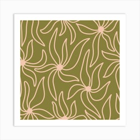 Retro Flowers on Green Pattern Art Print