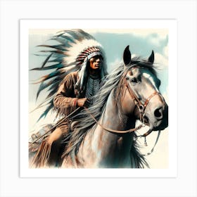 Native American Chief On His Horse Color Drawing Art Print