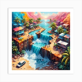 Homes By The Waterfall In Paradise Art Print