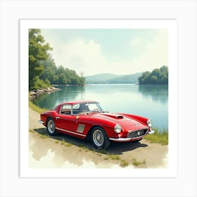 A Classic Ferrari By A Tranquil Lake In Watercolor With Gentle Waves 1 Art Print