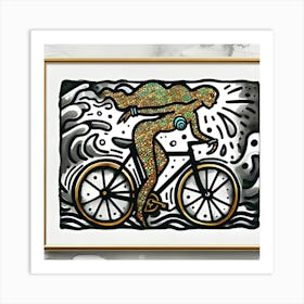 A Glittering Mermaid Riding A Polka Dotted Bicycle, Inspired By The Bold And Graphic Designs Of Keith Haring, With A Black And Gold Palette, Where The Mermaid Is In Focus And The Surrounding Sea And Sky Are Blurred Into Abstract Shapes Art Print