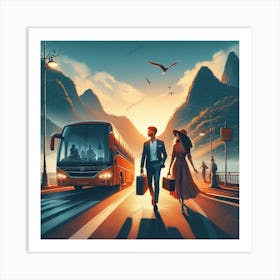 Man And Woman Walking To The Bus Art Print