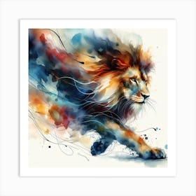 Experience The Beauty And Grace Of A Lion In Motion With This Dynamic Watercolour Art Print 2 Art Print