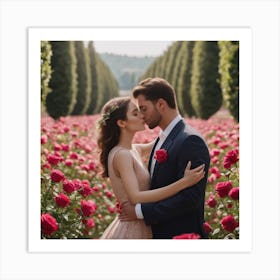 Couple Kissing In A Rose Garden Art Print