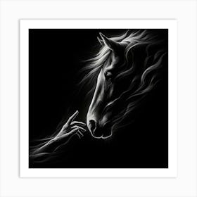 Horse With Hand On Black Background Art Print