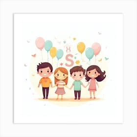 Happy Family With Balloons Art Print