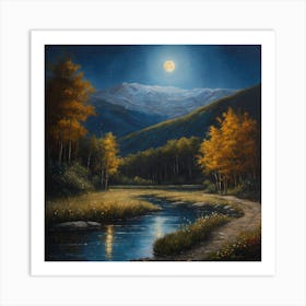 Oil painting picture of a very clear moon with stars, beautiful sky, river, flowers and sand Art Print
