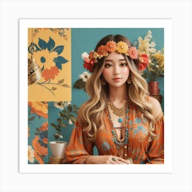 Asian Girl With Flower Crown Art Print