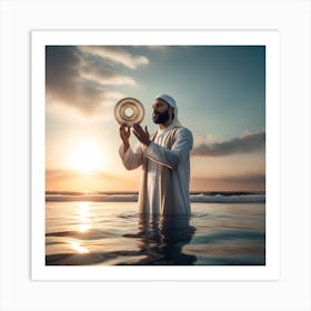 Muslim Man Holding A Golden Disc In The Water Art Print