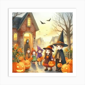 Halloween Kids With Pumpkins Art Print