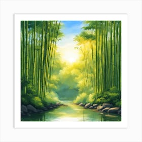 A Stream In A Bamboo Forest At Sun Rise Square Composition 127 Art Print