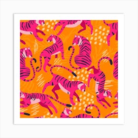 Vibrant Pink Tigers On Bright Orange Pattern Square Art Print