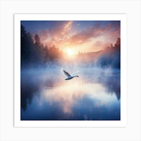 Swan Flying Over Blue Lake Wings Spread Wide Reflection On Water Dense Fog Swirling Around Sunse Art Print