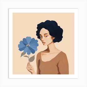 Illustration Of A Woman Holding A Blue Flower Art Print