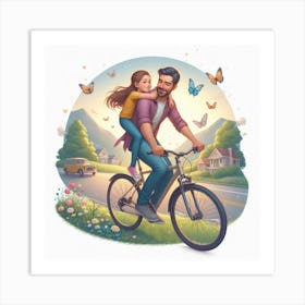 Father And Daughter Riding Bicycle Art Print