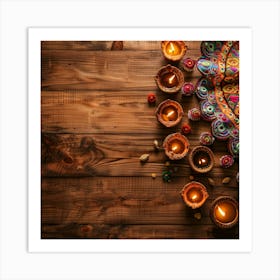 Diwali Themed Wooden Table From Above Showcasing Art Print