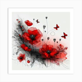 Poppies And Butterflies 2 Art Print