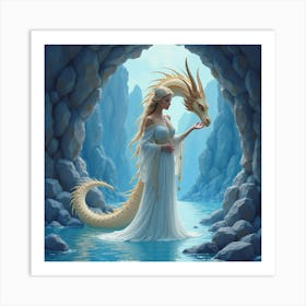 Elegant Dragon Queen In A Crystal Cave, Watercolor 1 Art Print