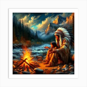 Oil Texture Native American Mother And Daughter By Stream 4 Copy Art Print